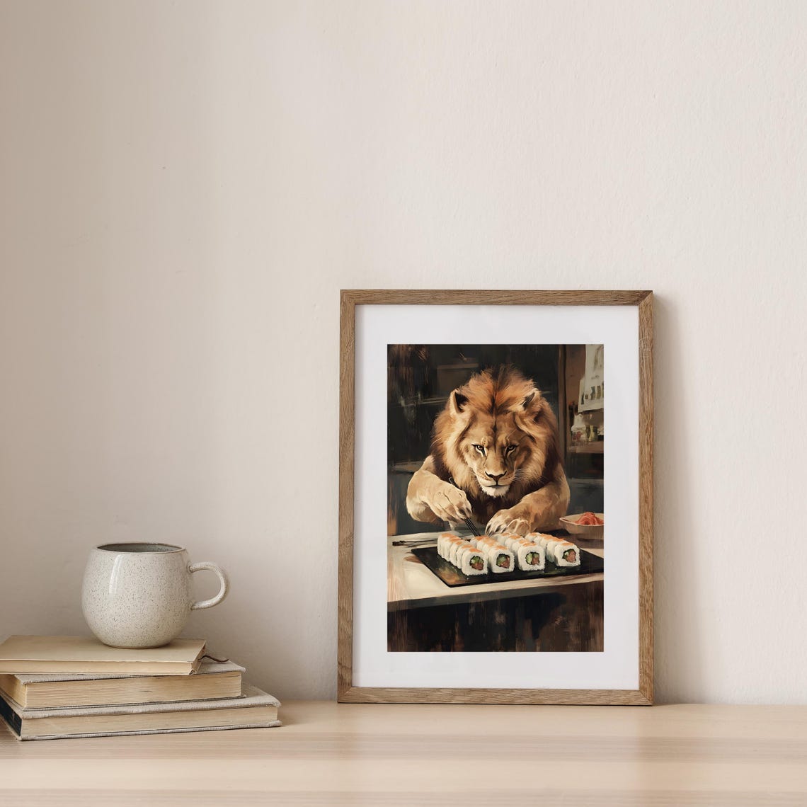 Majestic Lion Using Chopsticks Over a Full Sushi Platter Poster - Image 3