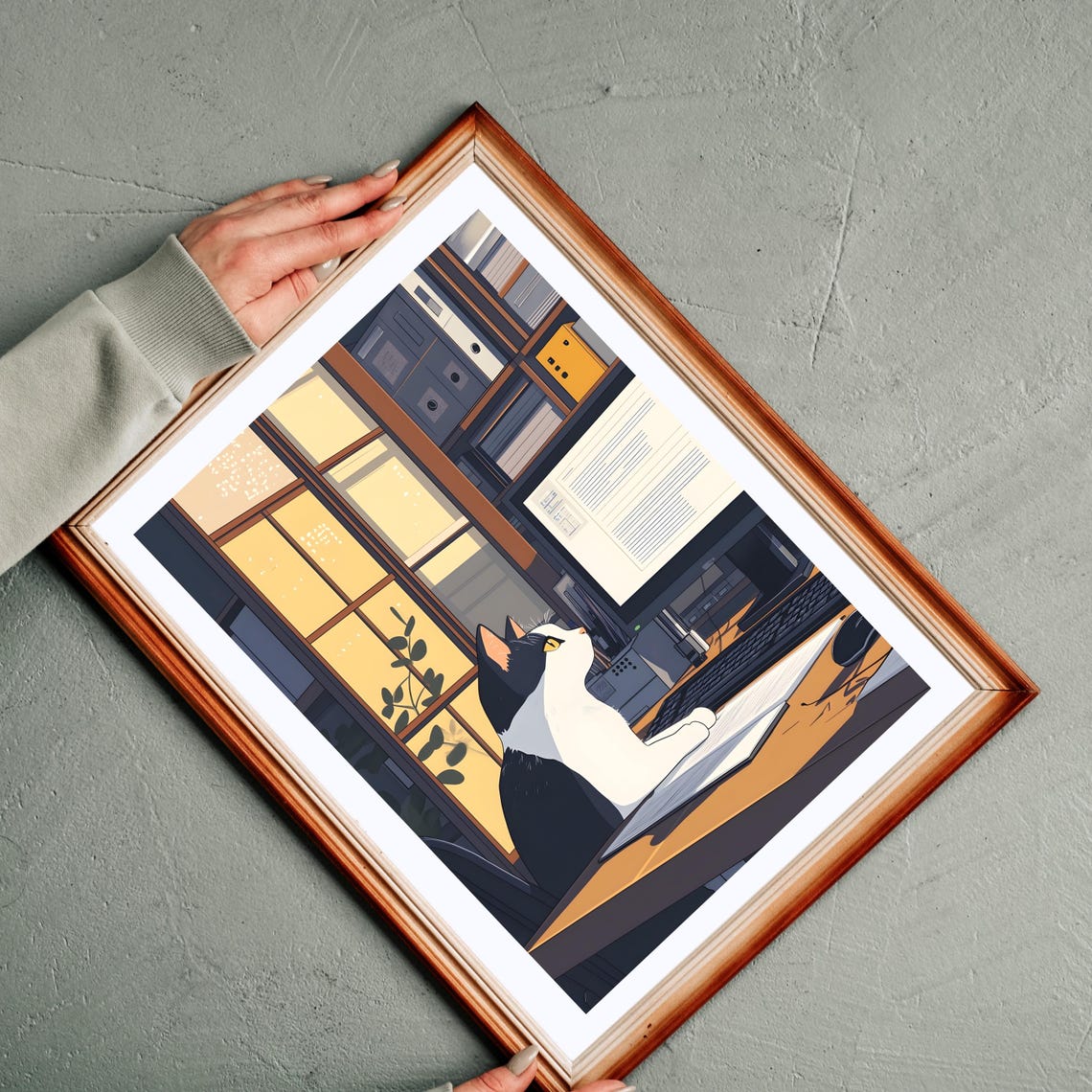 Cat at Computer Night Office Funny Workspace Animal Nursery Art Poster - Image 3