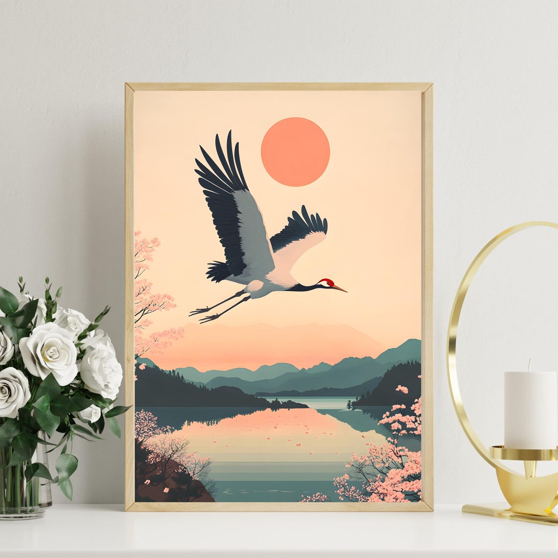 Japanese Crane Flying Over a Lake Lined With Cherry Blossoms Poster - Image 6