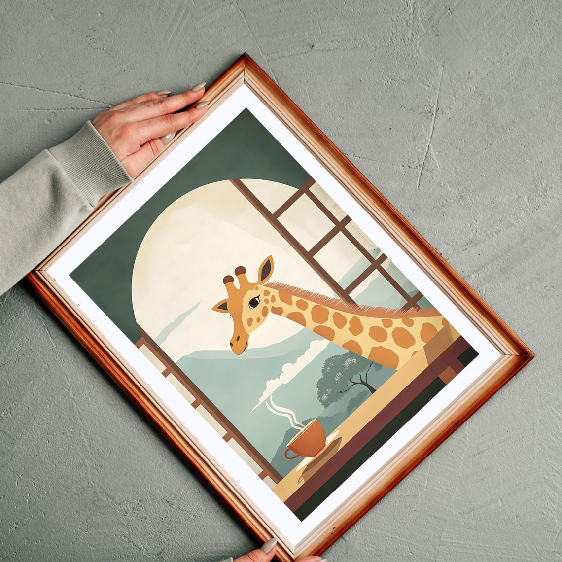 Giraffe Peeking Through A Window At A Steaming Cup Of Coffee Poster - Image 2