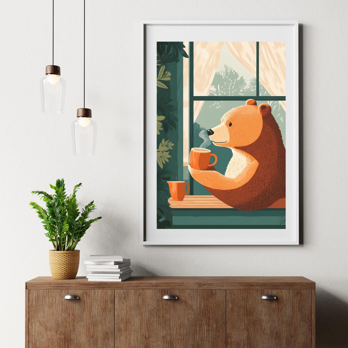 Cozy Brown Bear Drinking Coffee by a Sunny Forest Window Poster - Image 5