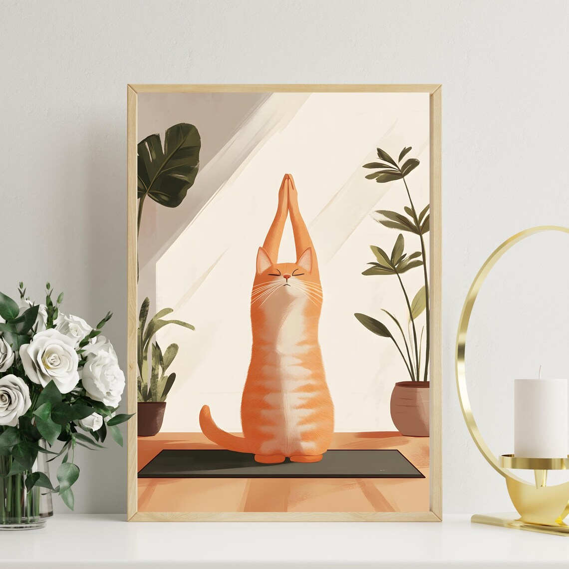 Orange Cat Stretching in Yoga Pose on Mat in Sunlit Room Poster - Image 2