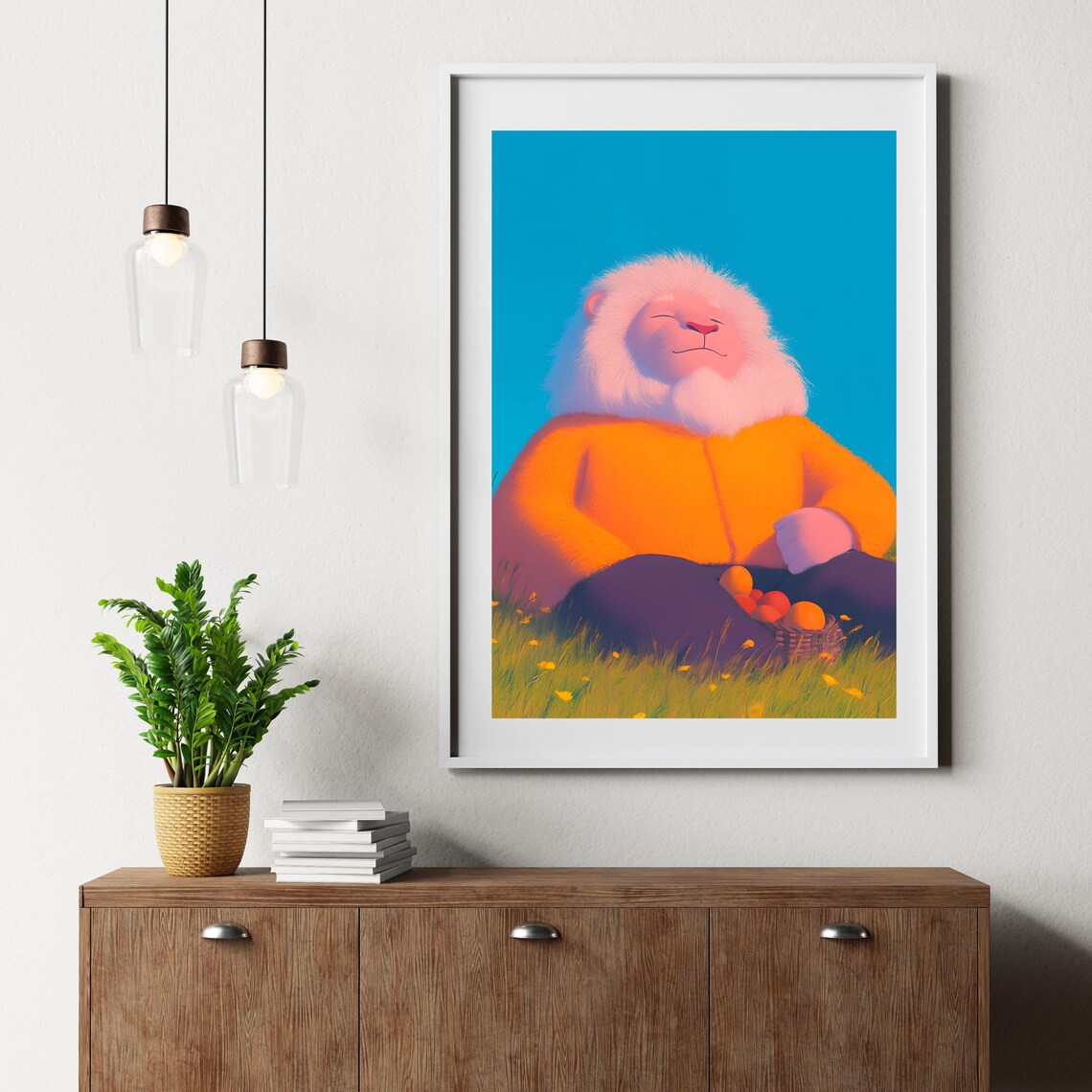 Serene Lion in Orange Hoodie with Fruit Basket Meadow Poster - Image 2