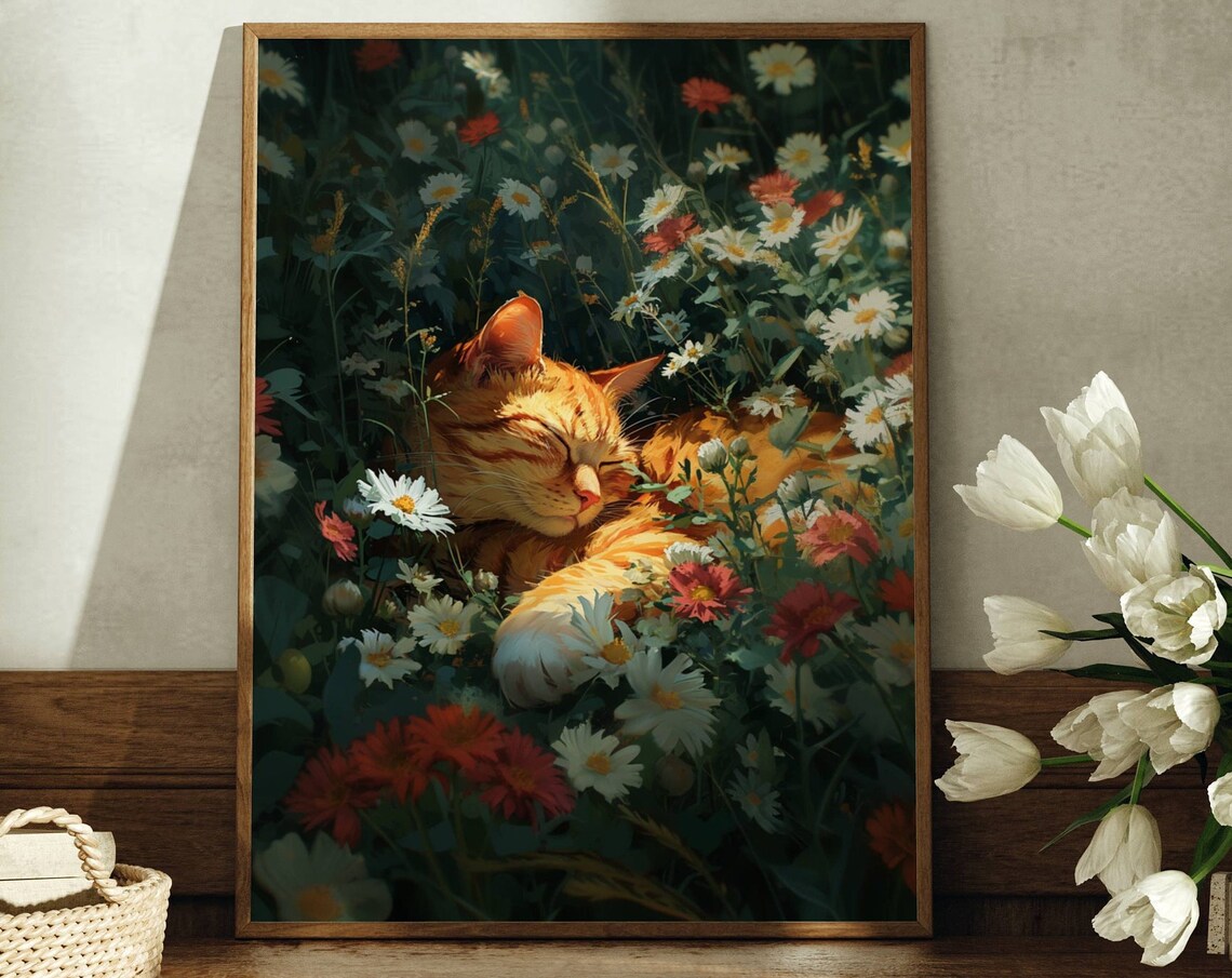 Orange Cat Sleeping in Meadow of Daisies and Red Wildflowers Poster