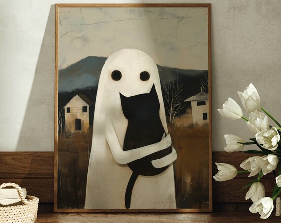 A Friendly Ghost Hugging A Black Cat In A Country Folk Art Poster