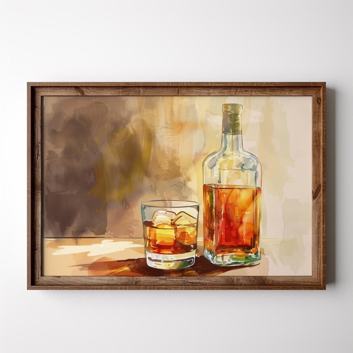 Whiskey Decanter and Rocks Glass with Ice Watercolor Still Life Poster
