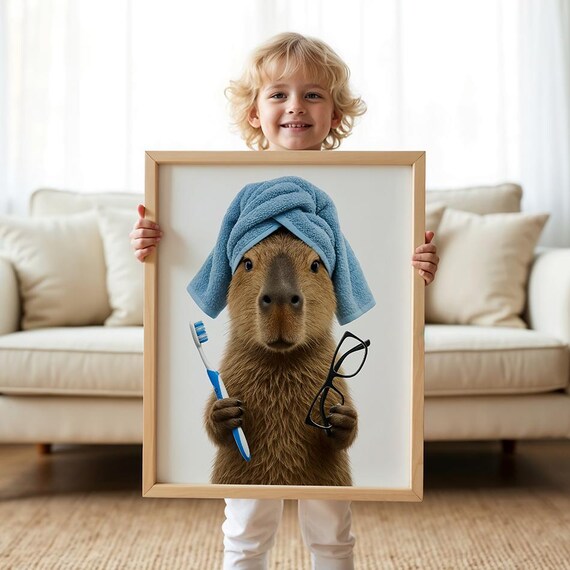 Funny Capybara Bathroom Poster Wearing Towel with Toothbrush Art