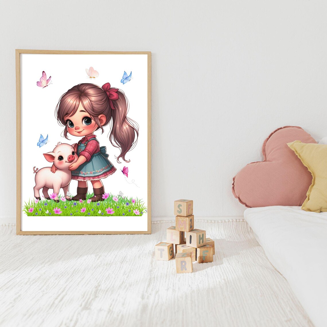 Little Farm Girl Hugging Her Piglet in a Flower Meadow Poster - Image 2