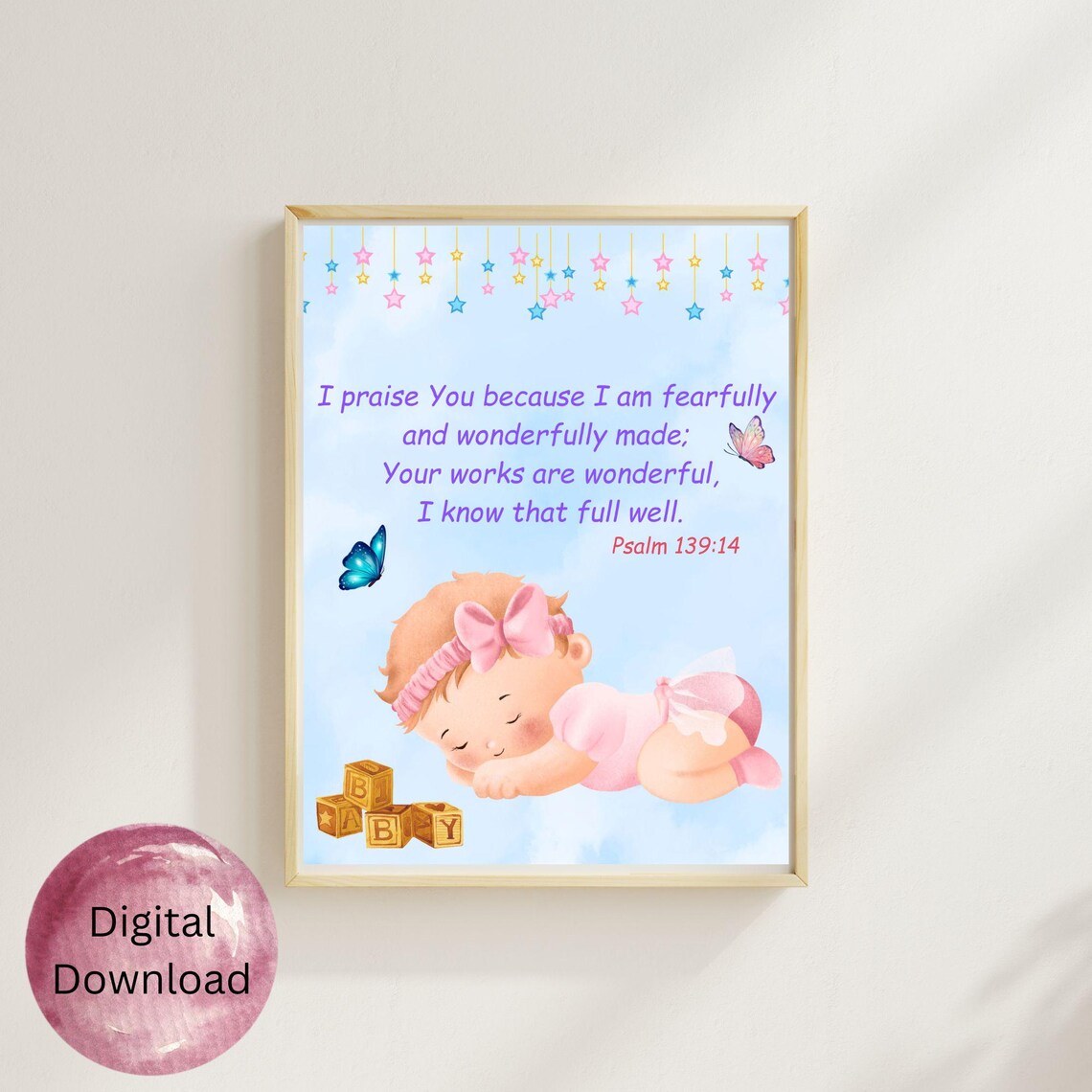 Psalm 139 14 Bible Verse With Sleeping Baby Girl Nursery Poster - Image 3