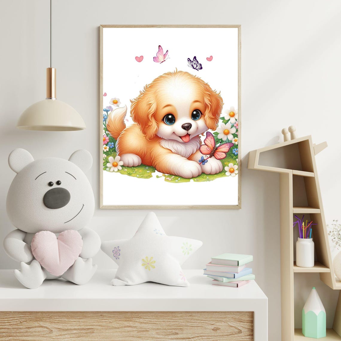 Golden Puppy Among Daisies and Butterflies in a Meadow Poster