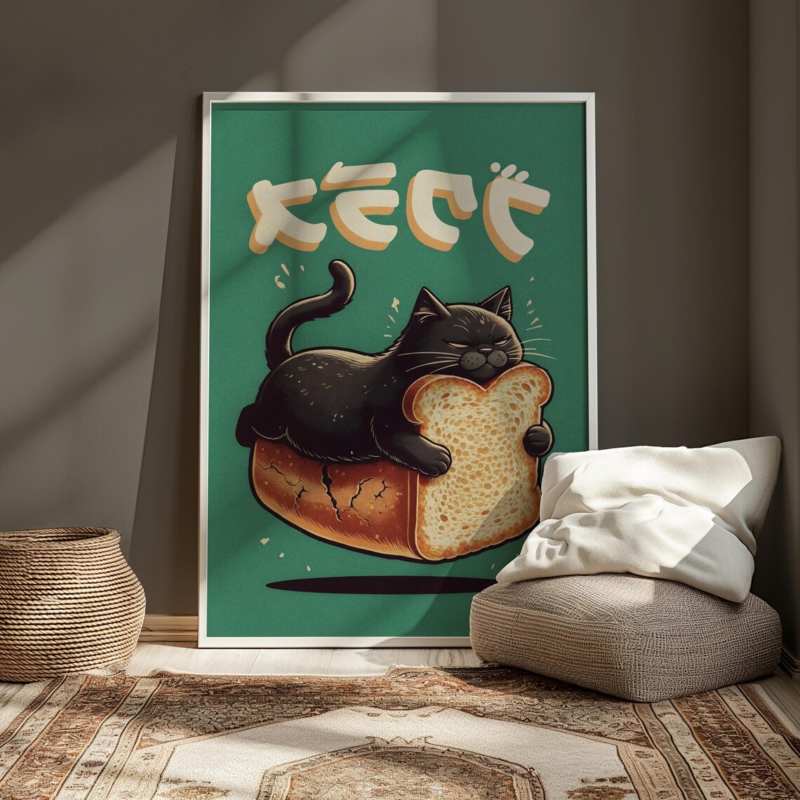 Black Cat Loaf On Bread Green Japanese Retro Funny Pet Art Poster - Image 4
