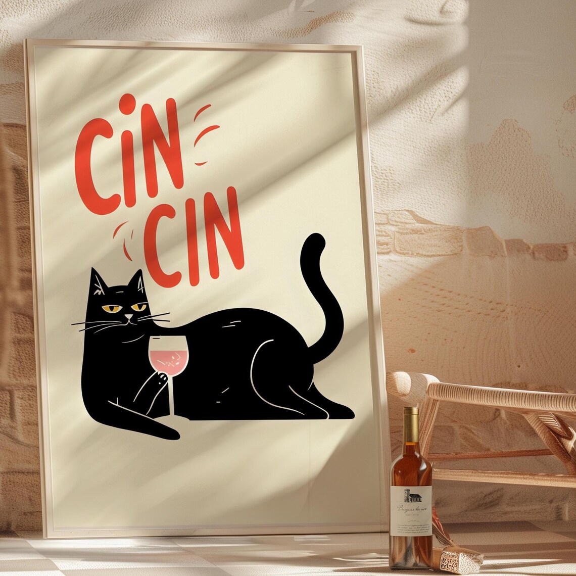 Cin Cin Black Cat Wine Glass Cheerful Retro Bar Cart Art Poster - Image 2