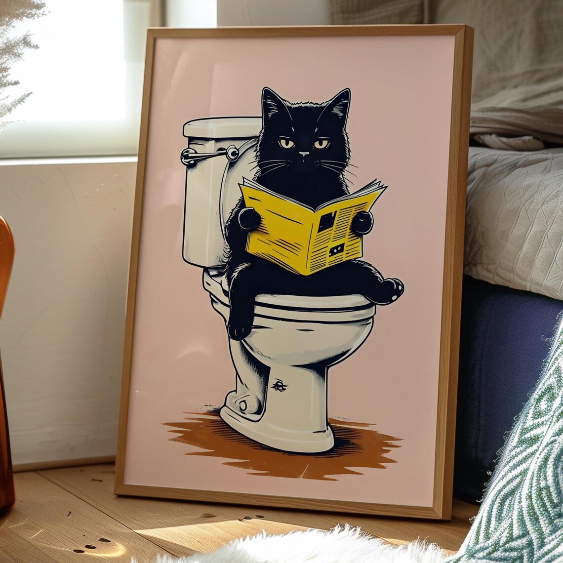 Funny Black Cat Reading Newspaper Sitting on Toilet Bathroom Poster - Image 3