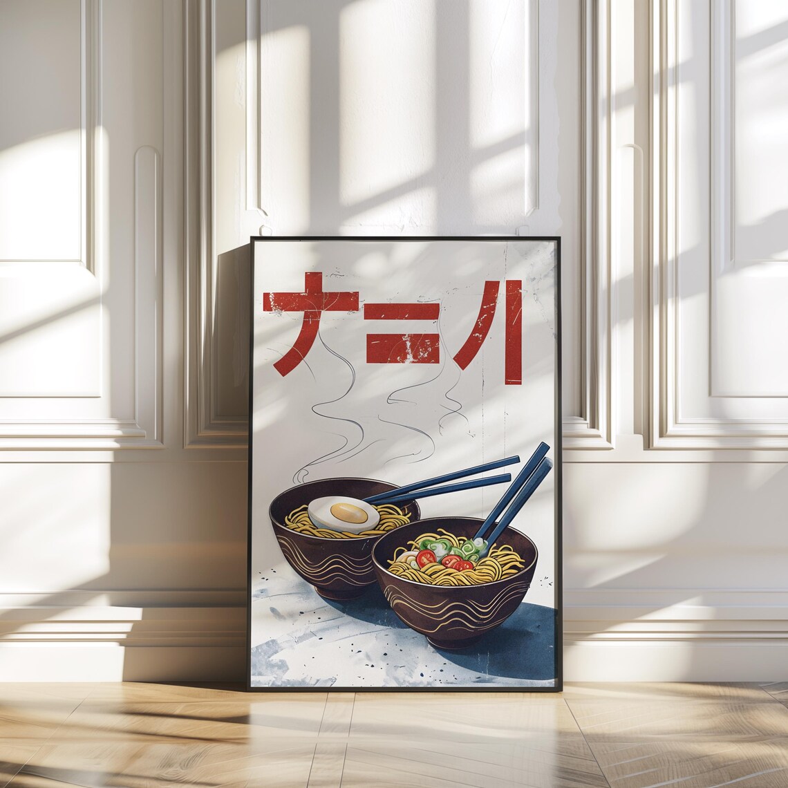 Japanese Ramen Bowls Steaming Noodles Vintage Food Art Poster