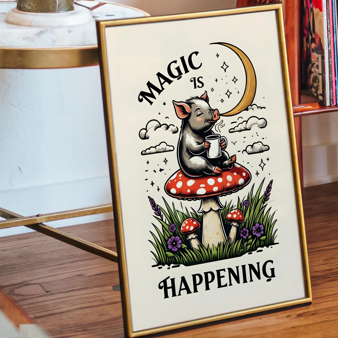 Piglet On Mushroom Magic Is Happening Moonlight Whimsy Art Poster - Image 4