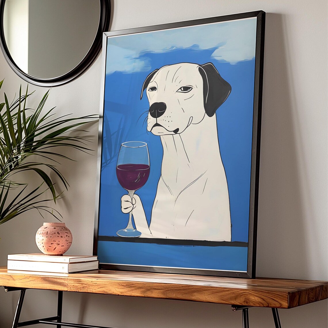 White Dog Red Wine Glass Vivid Blue Background Funny Pet Art Poster - Image 3