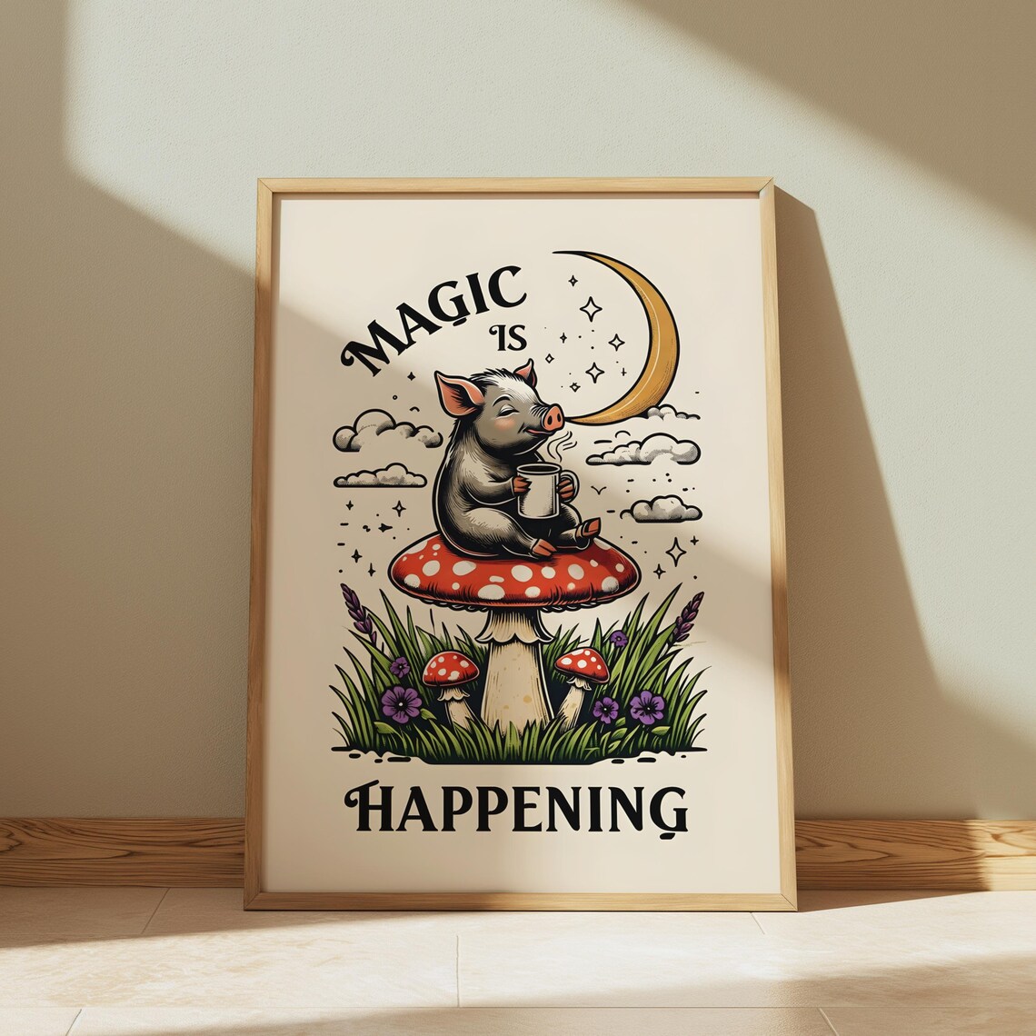 Piglet On Mushroom Magic Is Happening Moonlight Whimsy Art Poster - Image 5