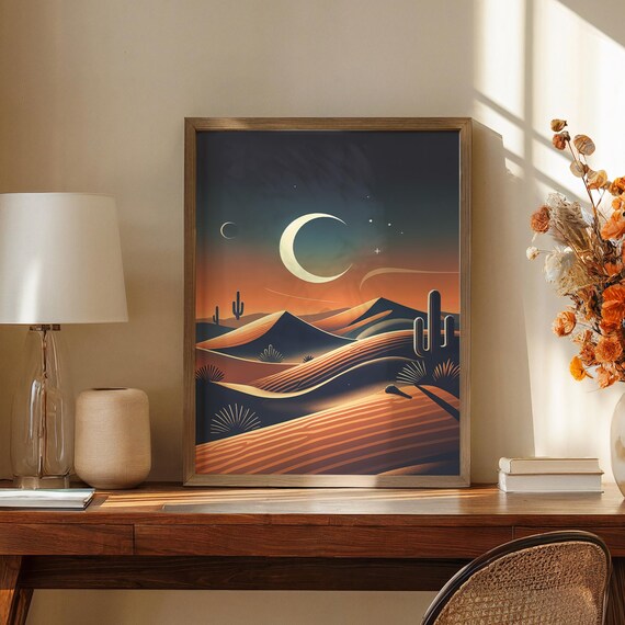 Crescent Moon Striped Dunes Desert Night Stylized Art Poster