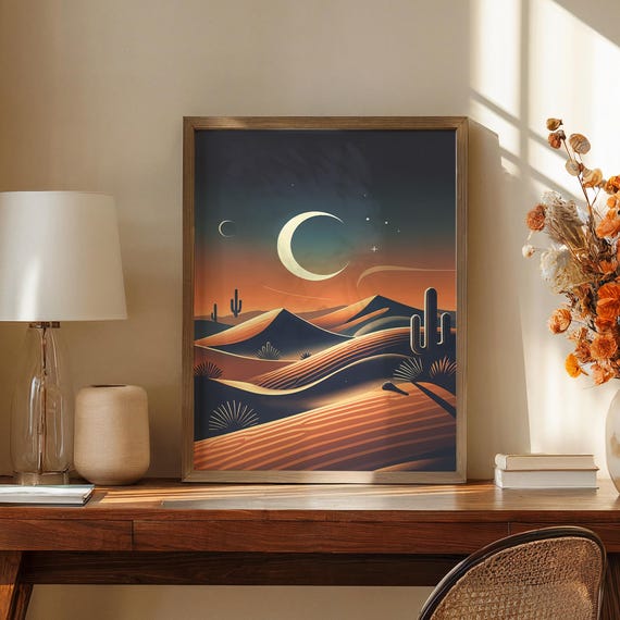 Desert Moon Art Print Southwest Nightscape Celestial Cactus Wall Dcor