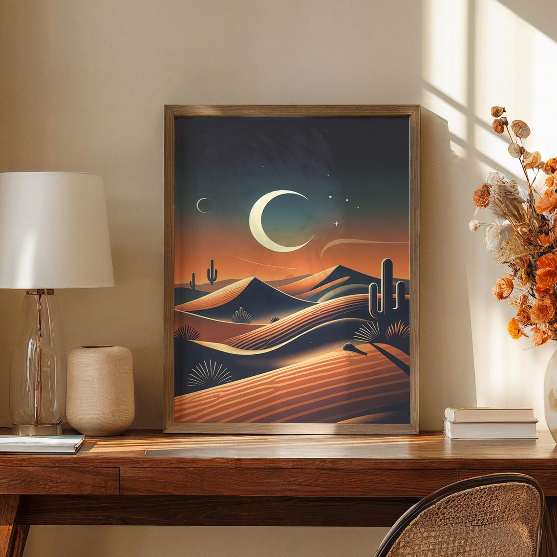 Crescent Moon Striped Dunes Desert Night Stylized Art Poster
