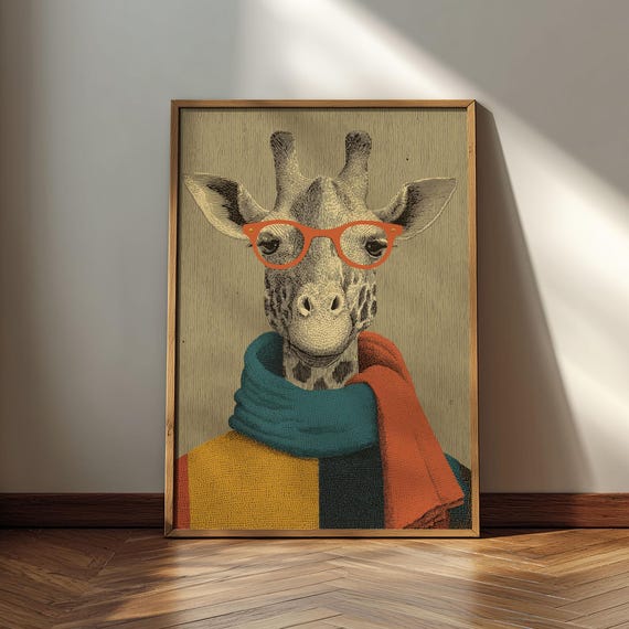 Giraffe in Glasses Poster, Anthropomorphic Animal Print