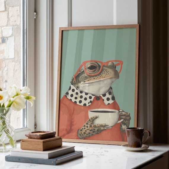 Toad in Red Glasses and Cardigan Drinking Coffee Animal Poster