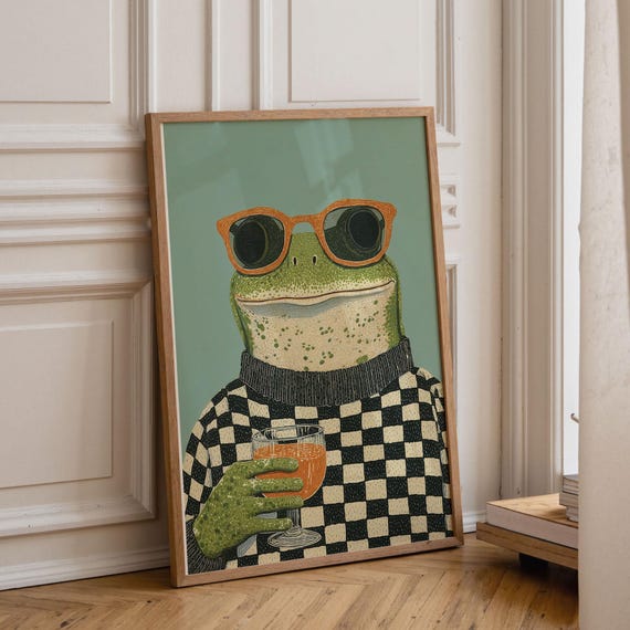 Frog With Juice Art Print Retro Animal Poster