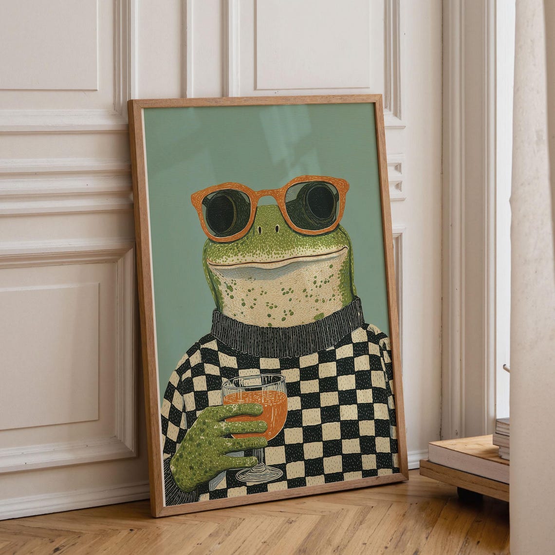 Frog With Juice Art Print Retro Animal Poster