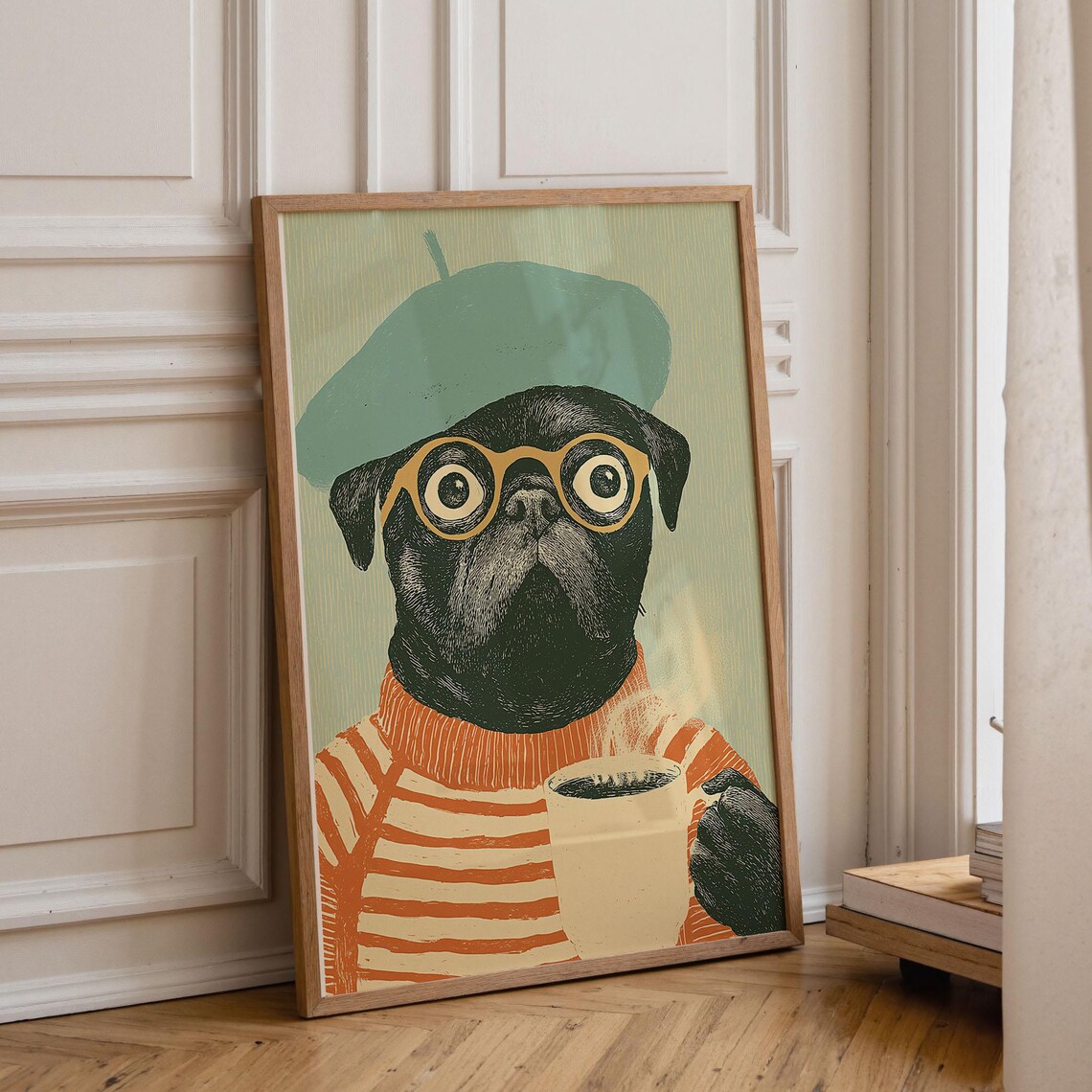 Pug With Coffee Whimsical Animal Art Print