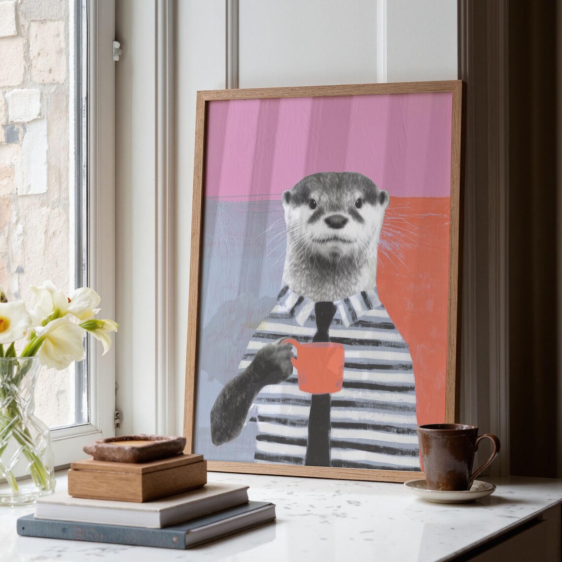 Otter Drinking Espresso, Mid-Century Modern Poster