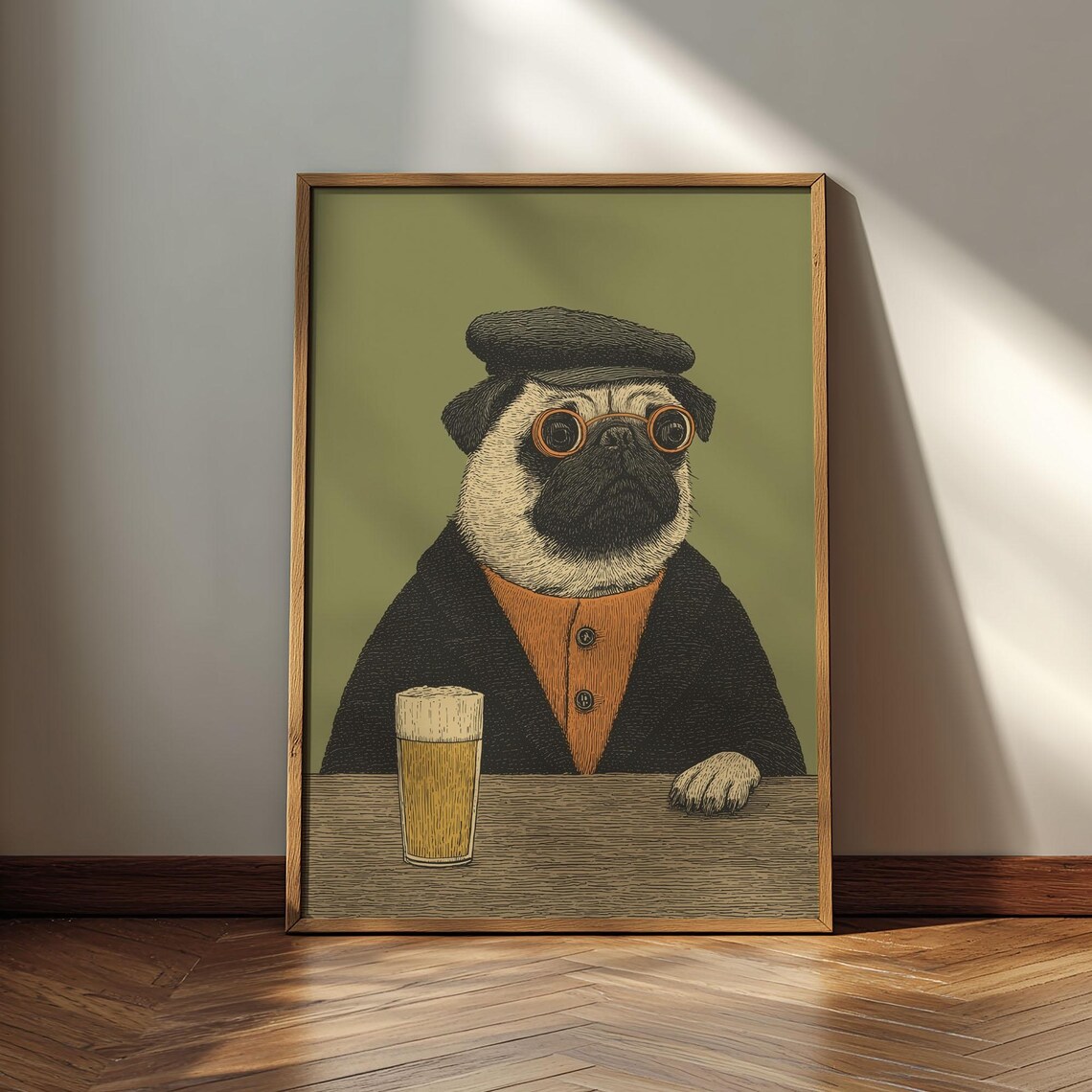 Pug Drinking Beer Whimsical Dog Art Print
