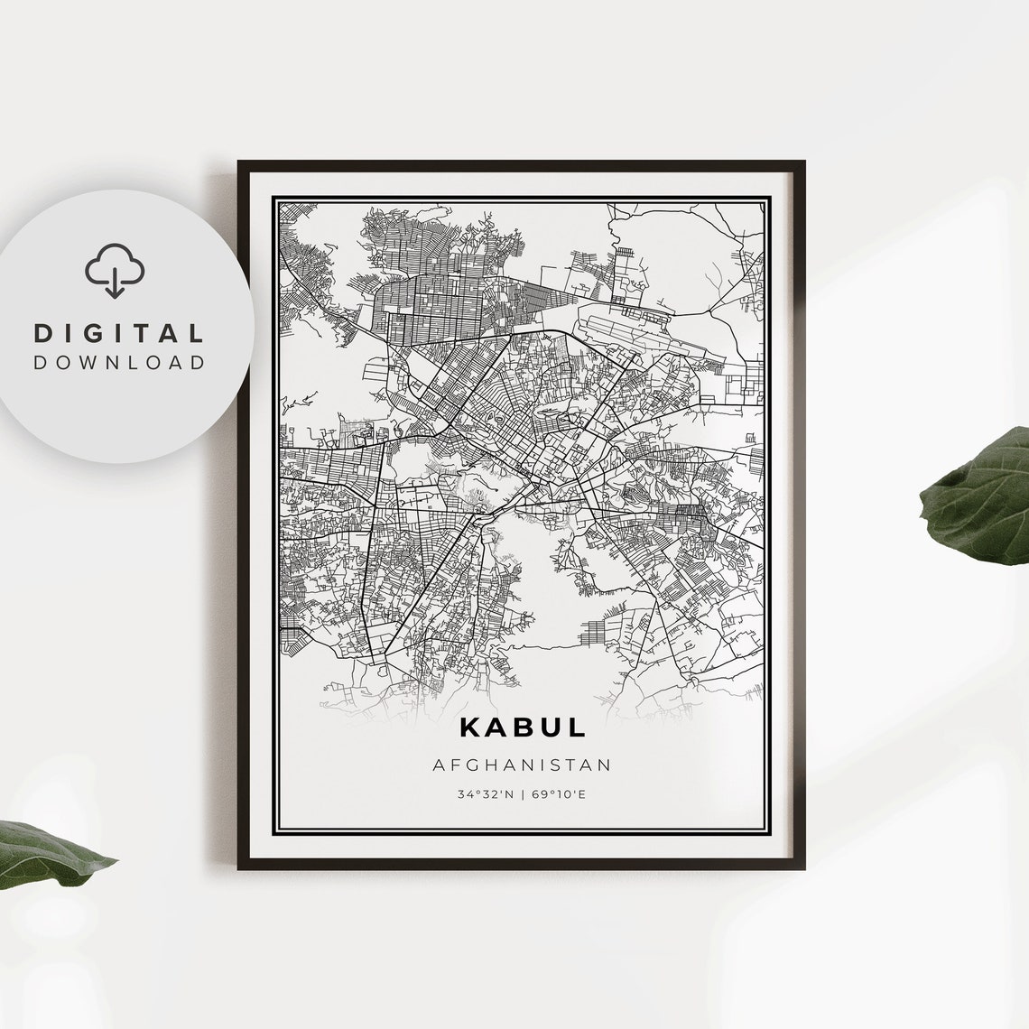 Kabul Afghanistan City Map Poster Minimalist Black White Decor