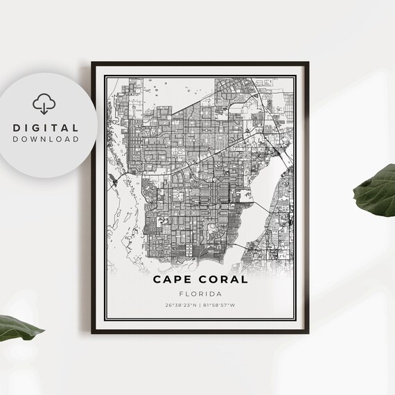 Cape Coral Map Print Florida Fl Usa Art Poster City Street Road Np309
