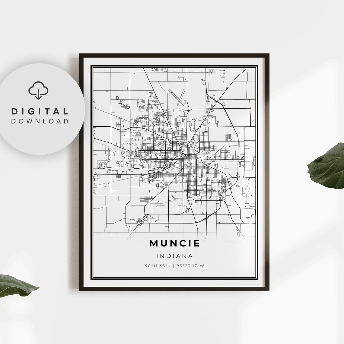 Muncie Indiana City Street Map Minimalist Black and White Poster
