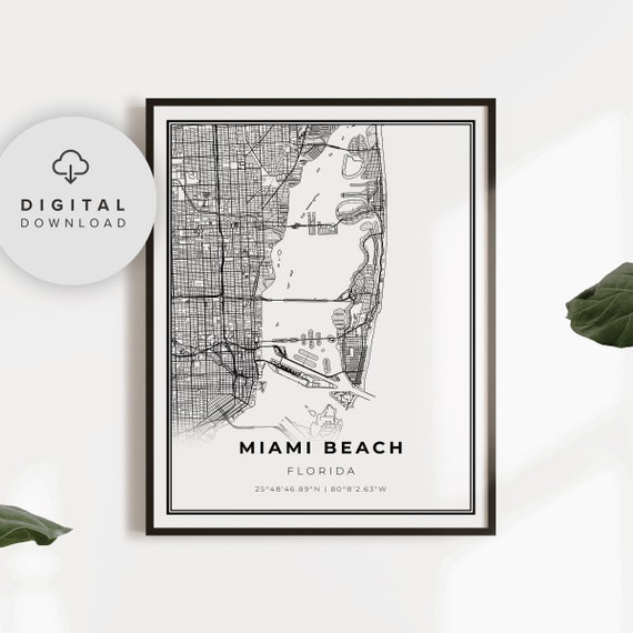 Miami Beach Map Print Florida Fl Usa Art Poster City Street Road Gift Dad Np231