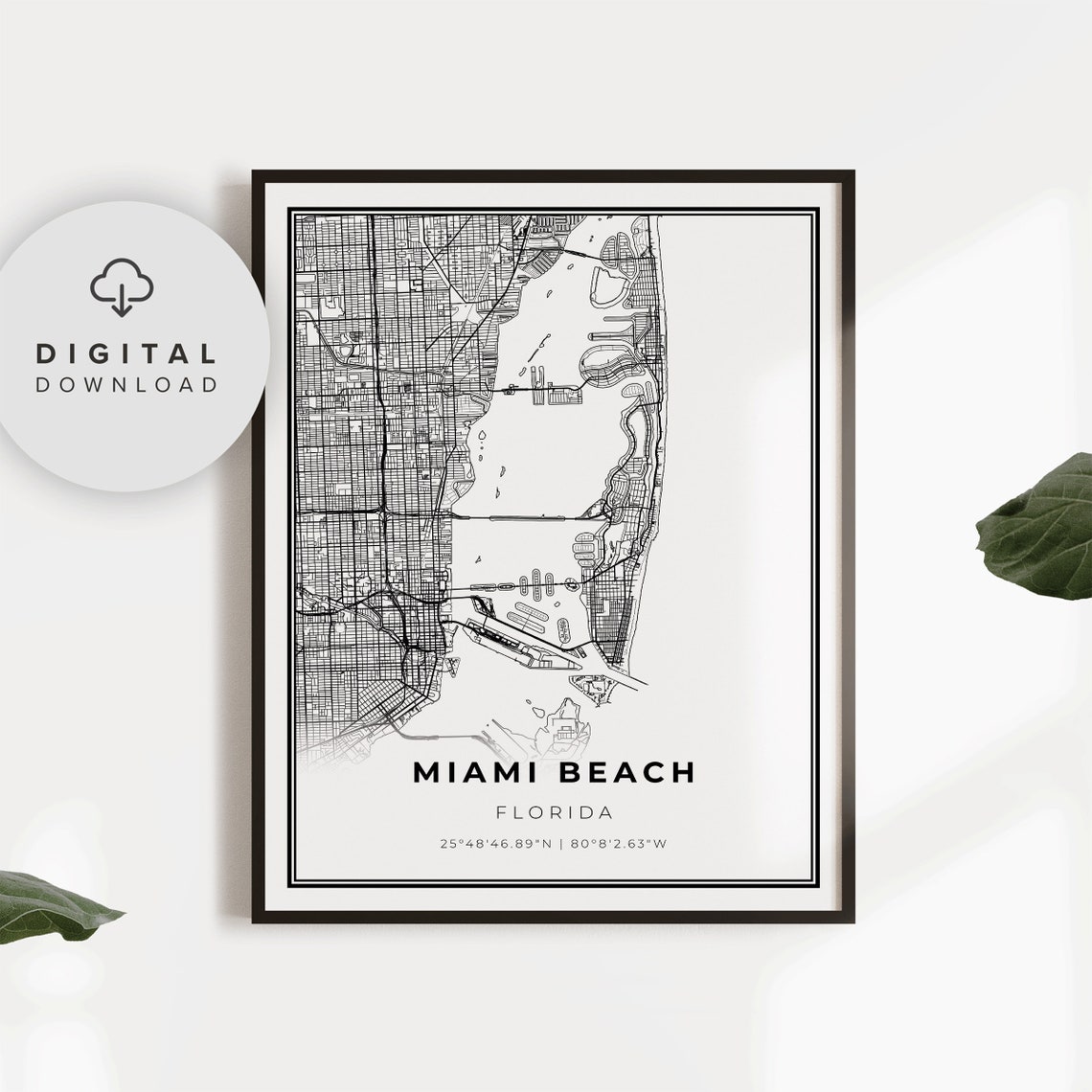 Miami Beach Map Print Florida Fl Usa Art Poster City Street Road Gift Dad Np231