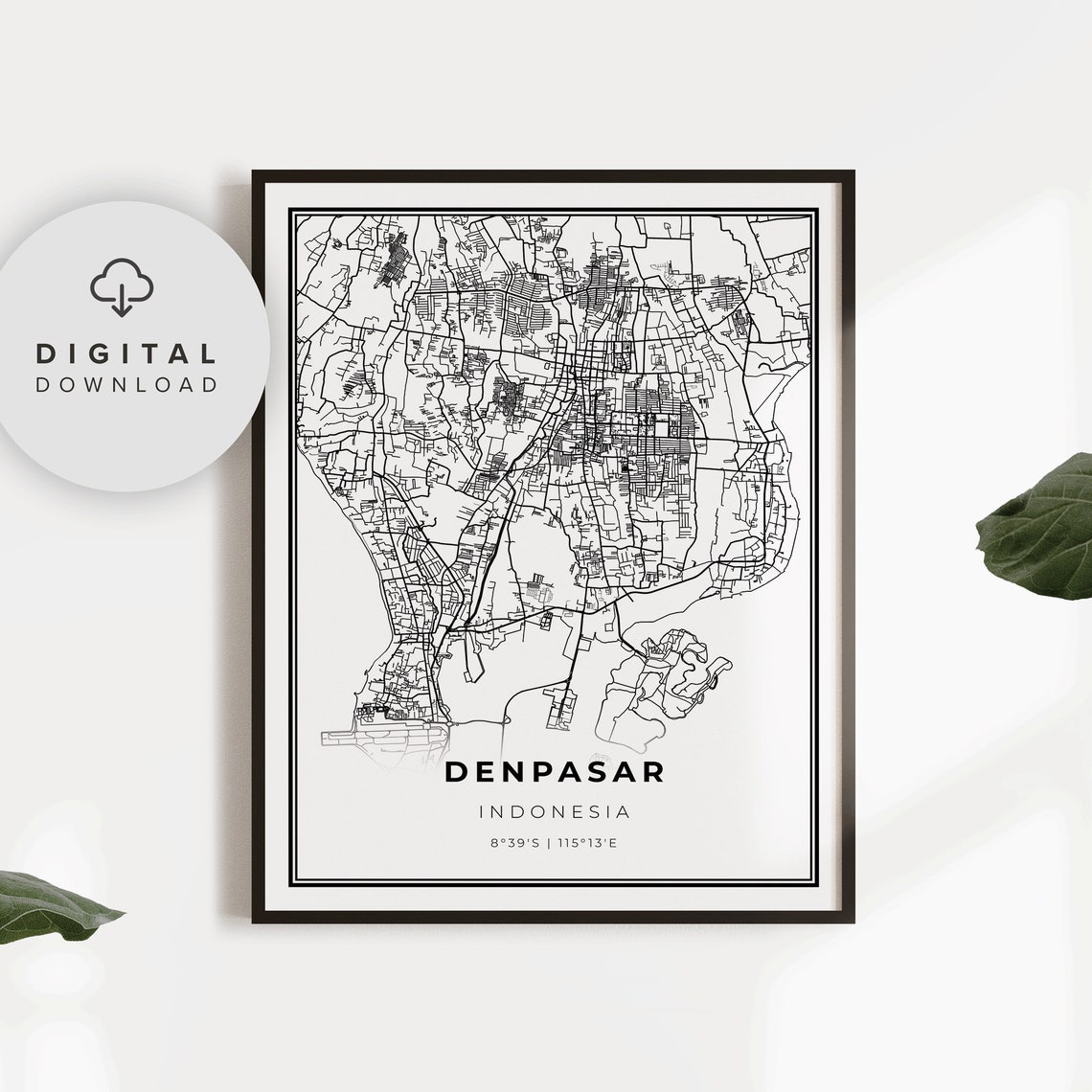 Denpasar Map Print Bali Indonesia Art Poster Sunda Islands City Street Road Gift Guy Np439