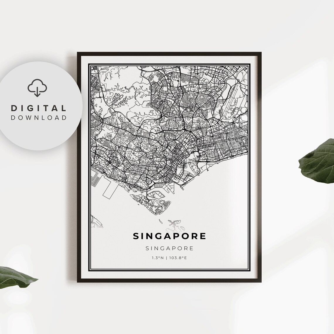 Singapore City Street Map Minimalist Black And White Travel Poster