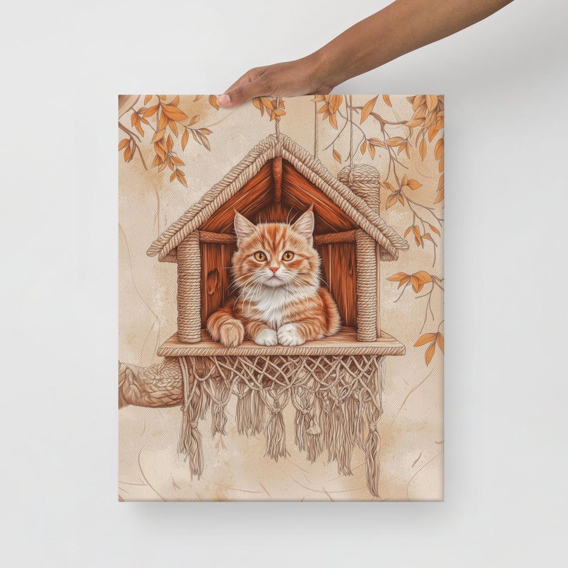 Boho Orange Tabby Cat In Hanging Macrame House Autumn Wall Art Poster - Image 4
