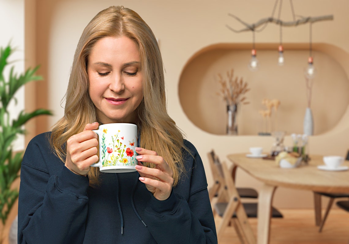 Floral Design Coffee Mug Colorful Wildflowers And Butterflies Illustration 11oz Ceramic Mug - Image 3