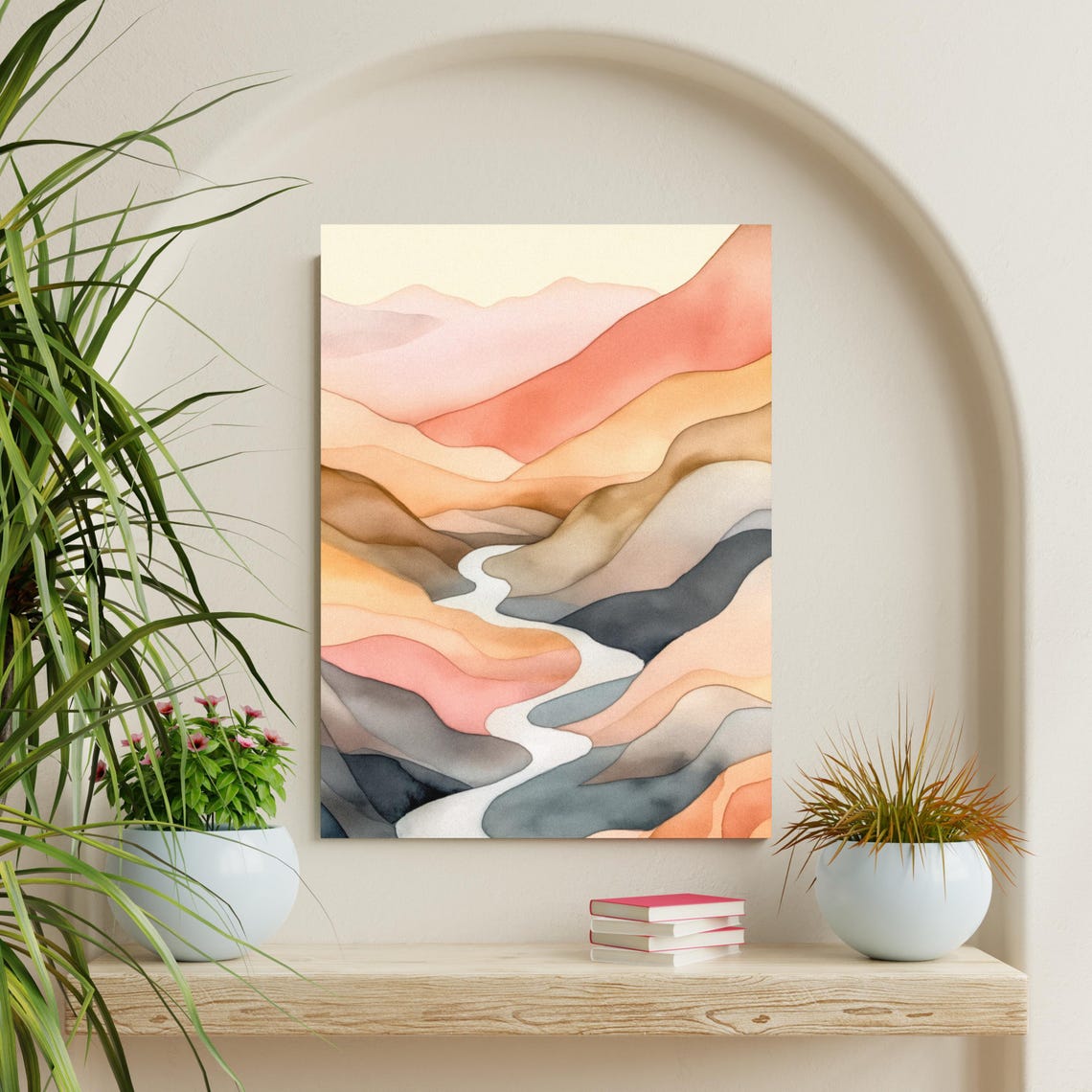 Watercolor Mountain River Scene Muted Landscape Art In Earthy Tones For Boho Wall Decor Or Vertical Display - Image 2