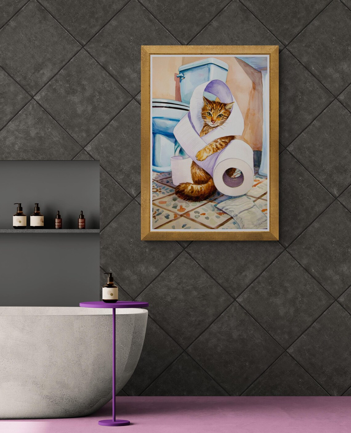 Funny Cat Tangled in Toilet Paper Bathroom Watercolor Kitty Poster - Image 4