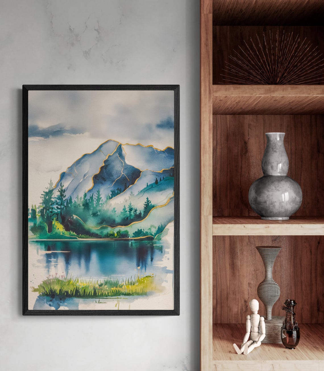 Watercolor Mountain Landscape Unframed Art With Peaceful Lake And Dripping Ink Effect For Nature Wall Decor Serene Wall Print - Image 4
