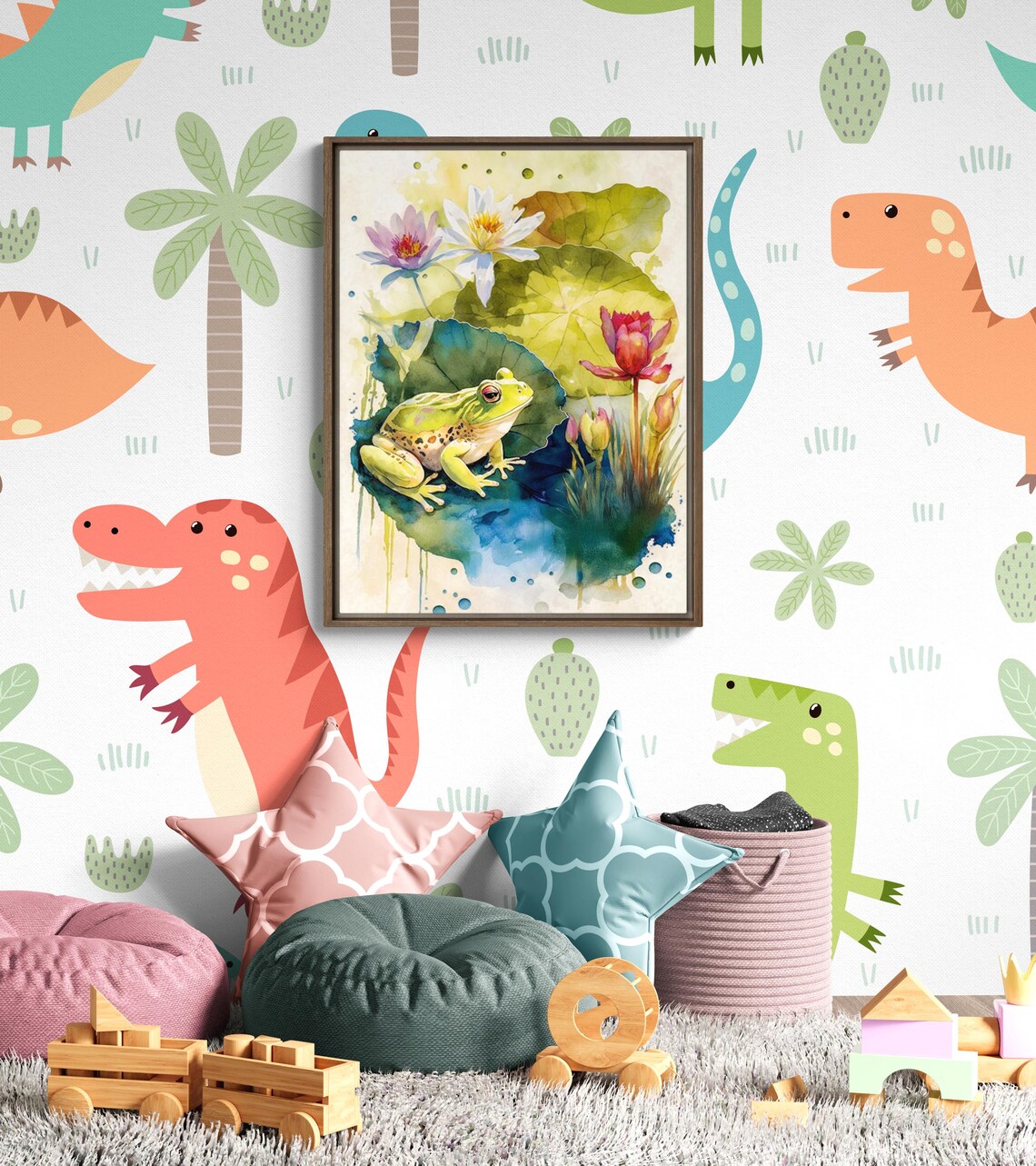 Cute Green Frog on Lily Pad With Water Lilies Watercolor Animal Art Poster - Image 2