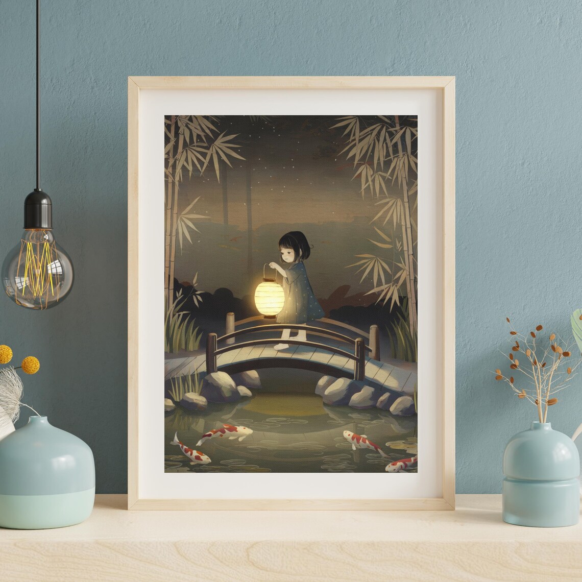 Koi Pond and Lantern Watercolor Art Print, Retro Japanese - Image 3