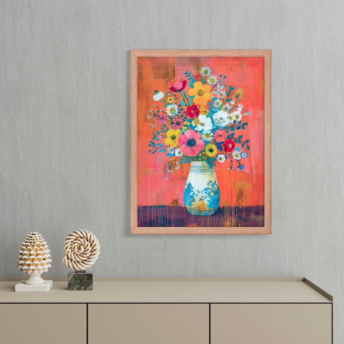 Vibrant Wildflower Bouquet in Blue Vase on Coral Background Art Poster