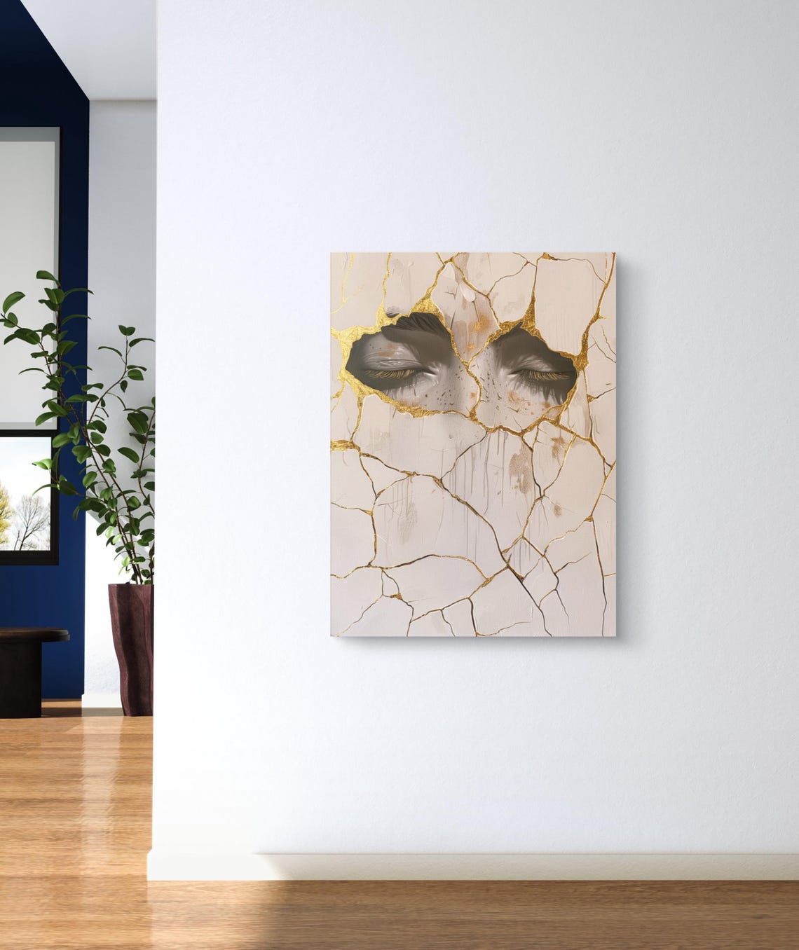 Golden Kintsugi Art Closed Eyes Cracked Porcelain Healing Wall Poster - Image 3