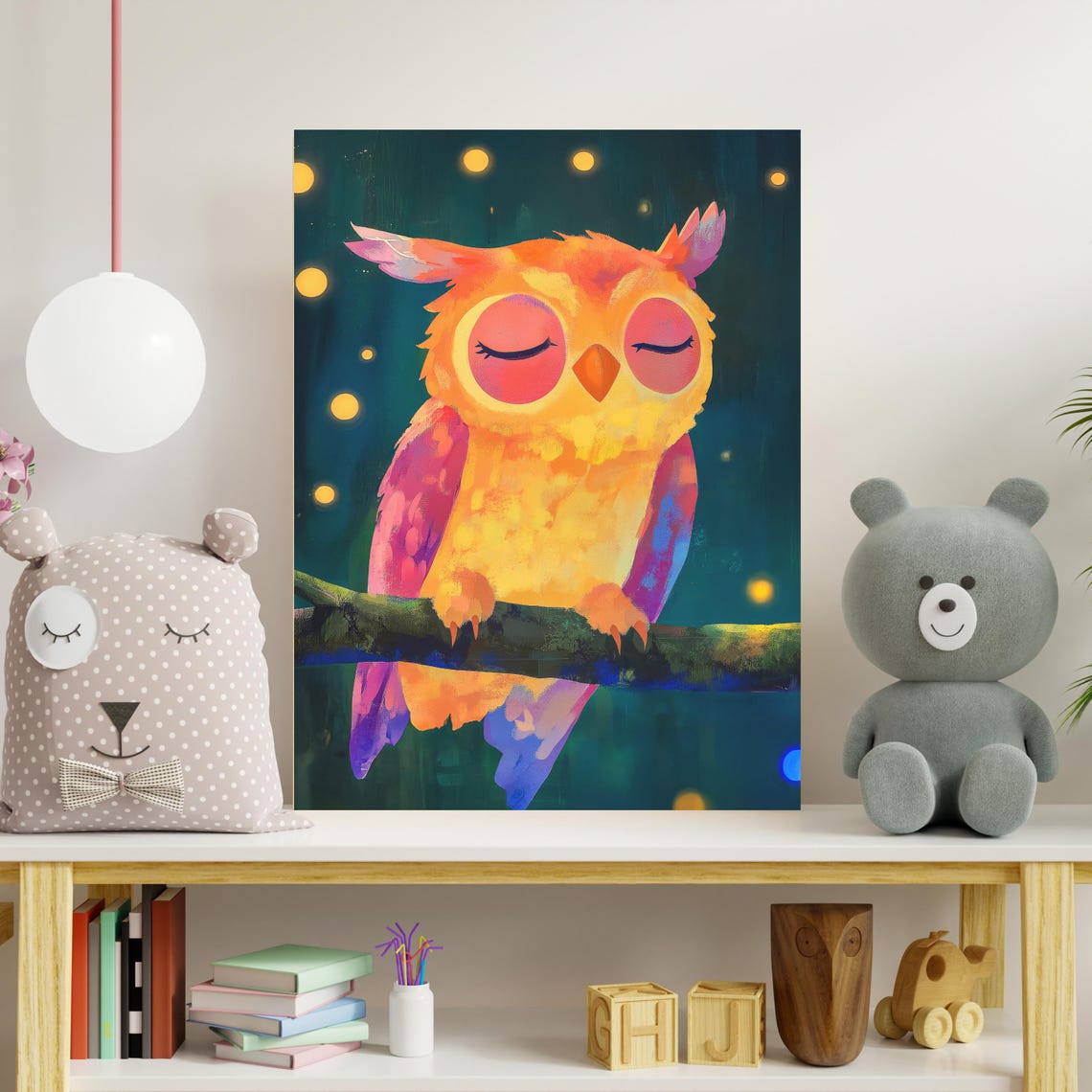 Sleepy Orange Owl On Branch Night Sky Cute Nursery Animal Wall Art