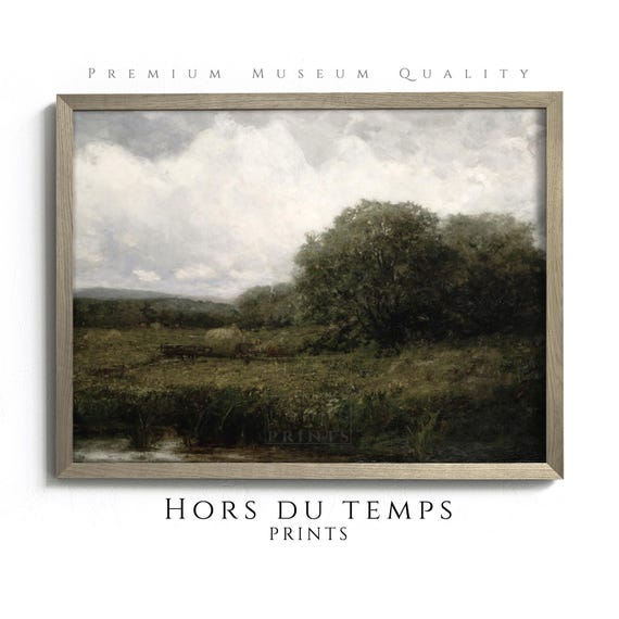 Moody Green Pasture Landscape Muted Tones Countryside Vintage Painting Rustic Cottagecore Wall Art Hors Du Temps Prints