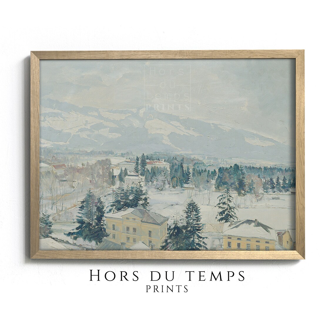 Alpine Village Valley Beneath Snowy Peaks Vintage Landscape Poster